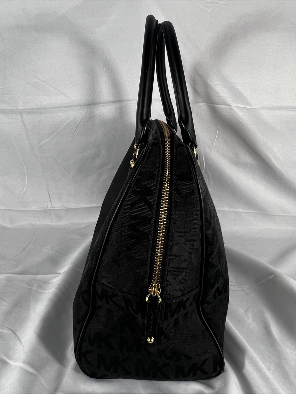 Michael Kors Black MK Signature Jacquard Satchel Bowler Bag Leather Trim Large - Picture 3 of 16